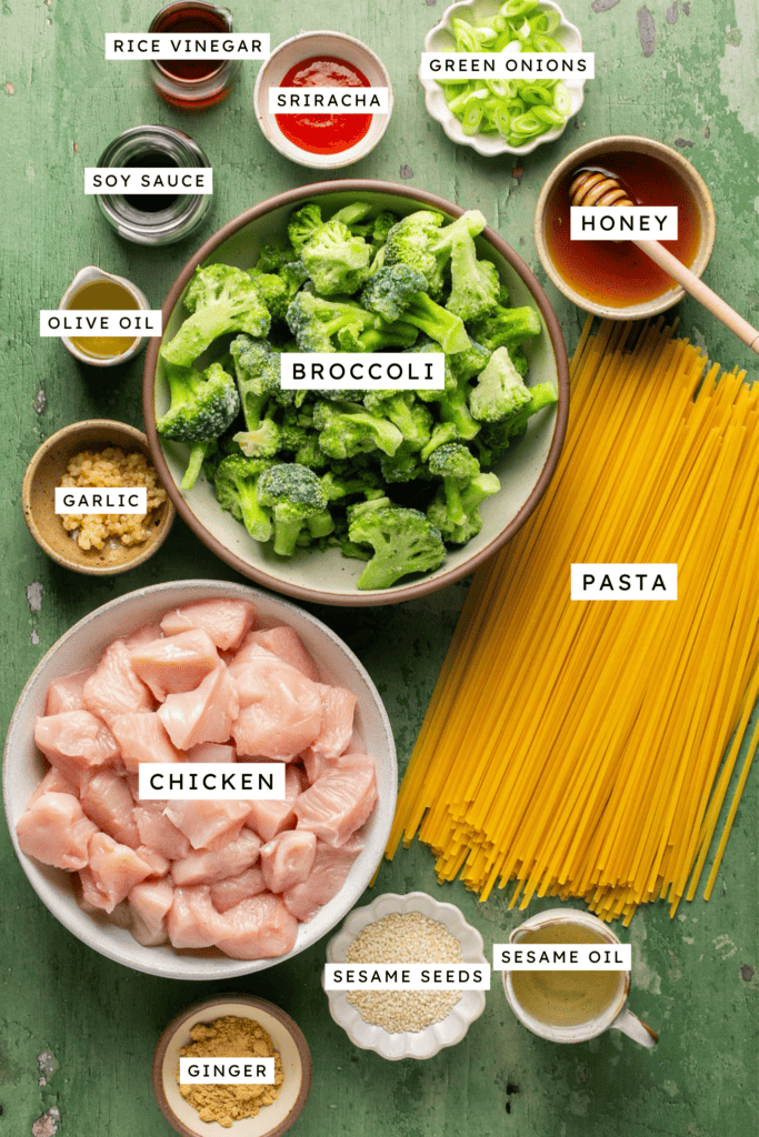 Ingredients for sesame noodles with chicken and broccoli.