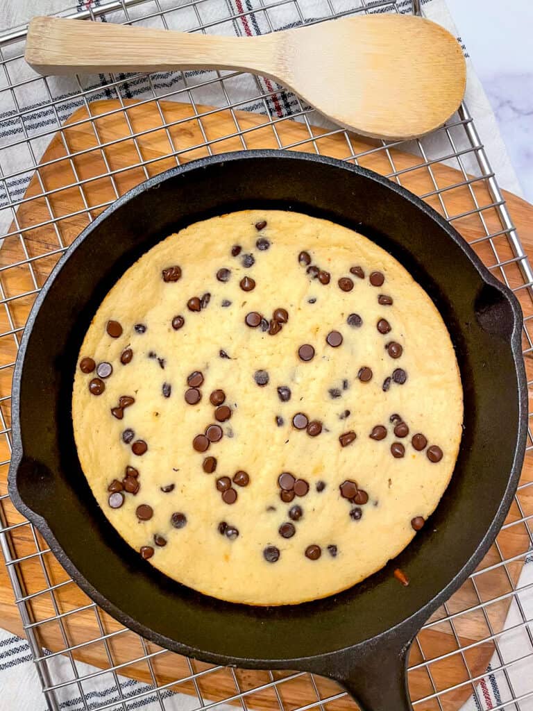 Chocolate Chip Skillet Cookie in a skilet after being baked.