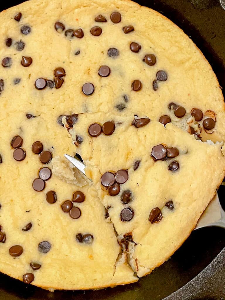 Zoomed in view of a slice of Chocolate Chip Skillet Cookie.
