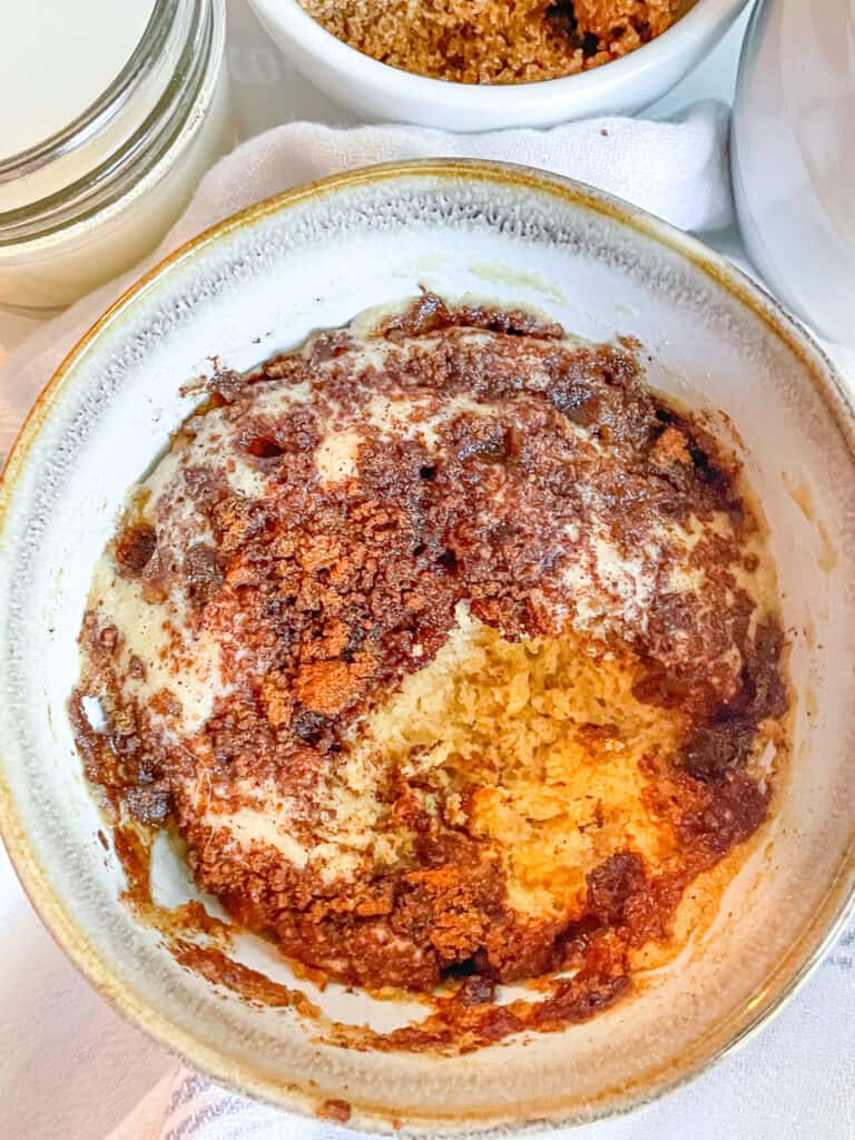 Overhead view of Healthy Coffee Cake in a Mug.