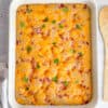 Ham and cheese breakfast bake in a casserole dish.