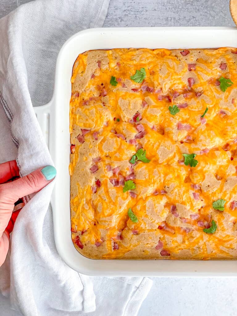 ham and cheese breakfast bake in a casserole dish after being baked. 