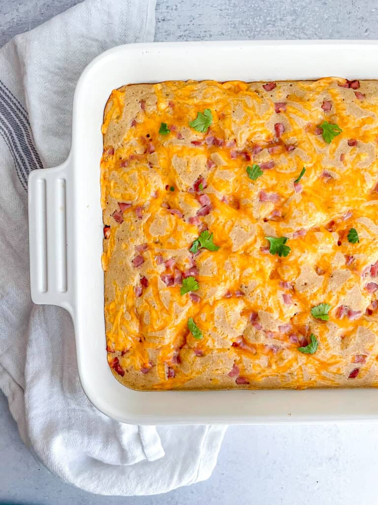 Ham and cheese breakfast bake in a casserole dish
