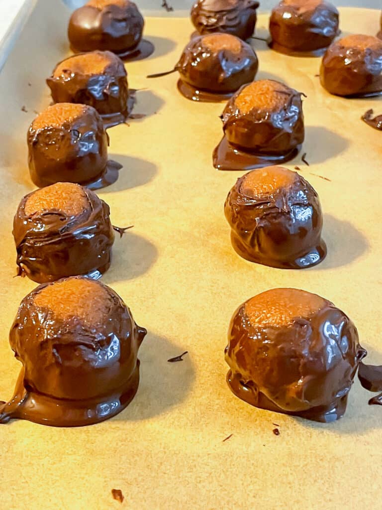 Peanut butter batter dipped in chocolate on a baking dish with parchment paper.