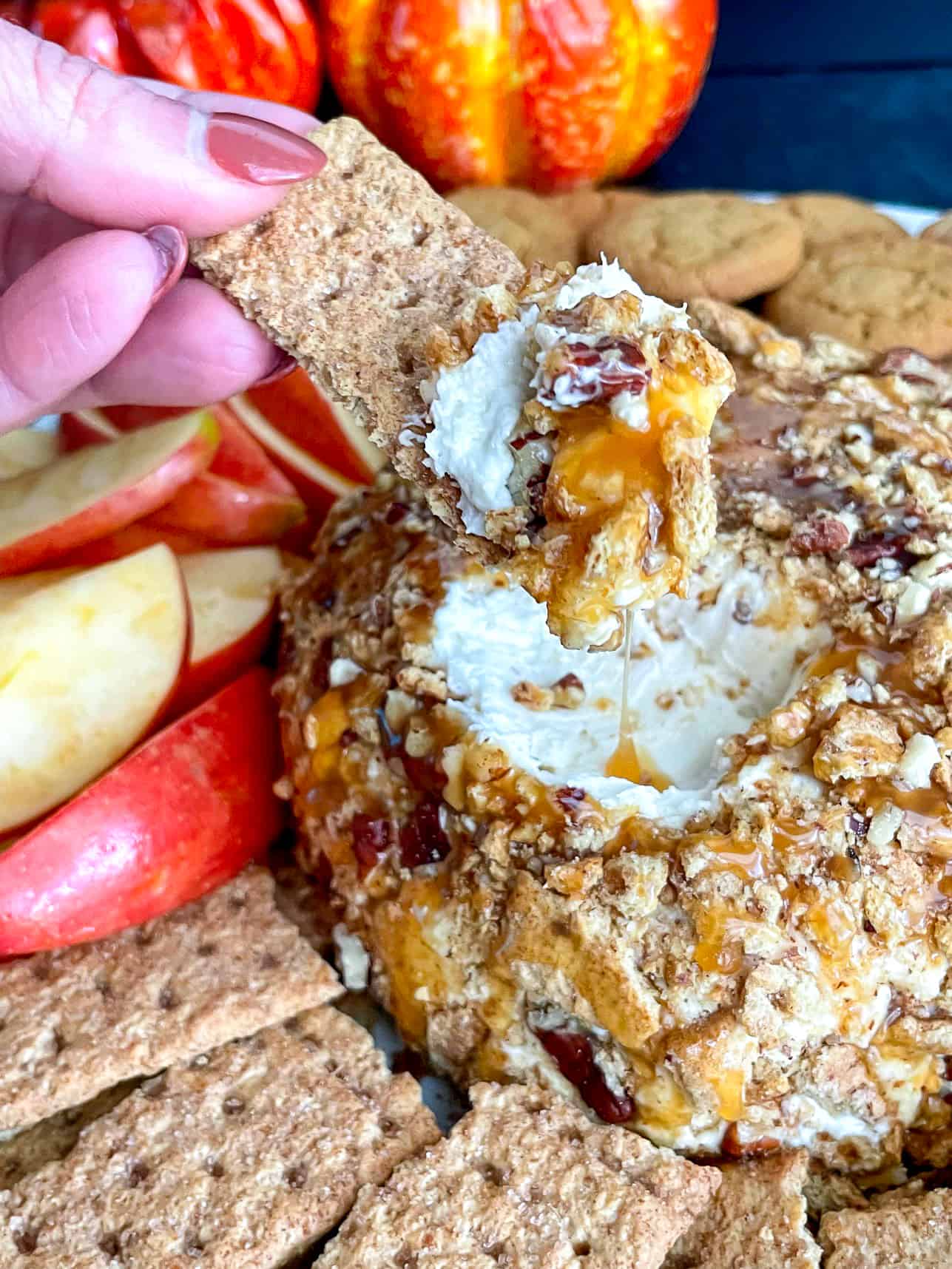 A hand dipping a graham cracker into caramel pecan dessert cheese ball with addtional graham crackers on the side.