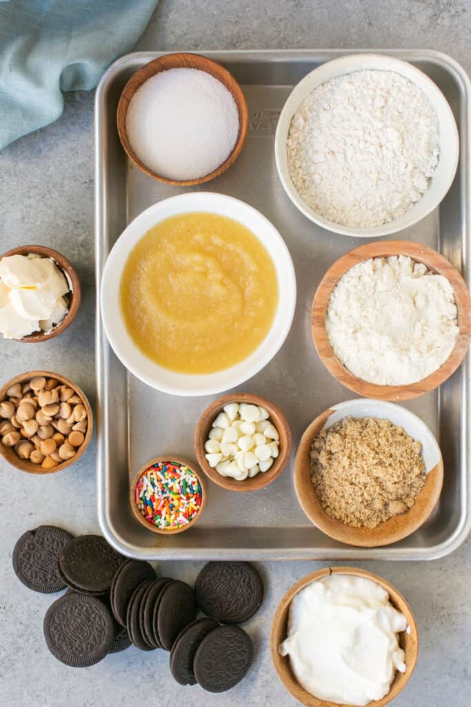 Cake Batter Oreo Blondie ingredients on a sheet pan.