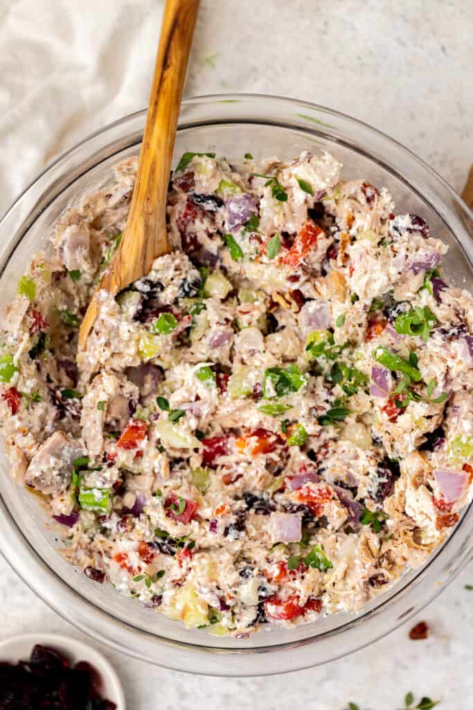 ingredients mixed together for winter cranberry chicken salad.