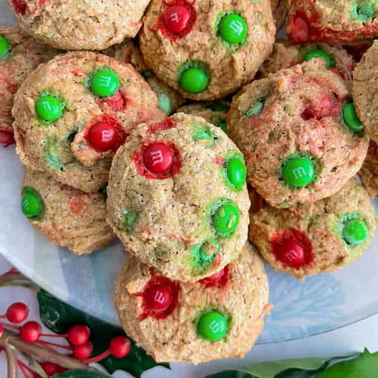 Mini m&m cookies on a plate.