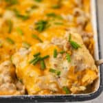 Healthy sausage and gravy casserole in a baking dish.