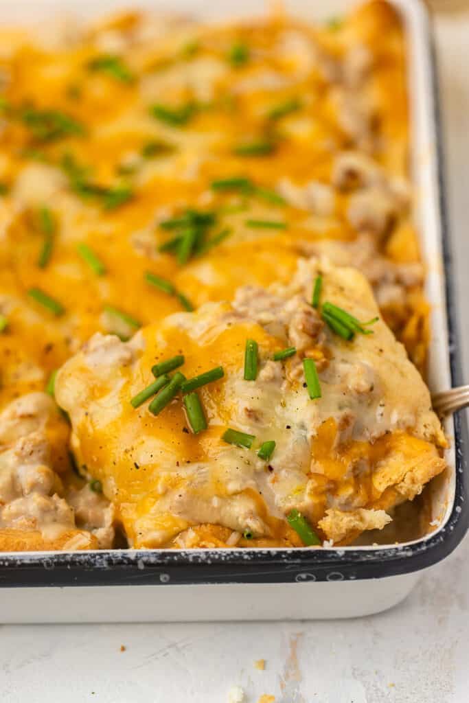 Healthy sausage and gravy casserole in a baking dish.