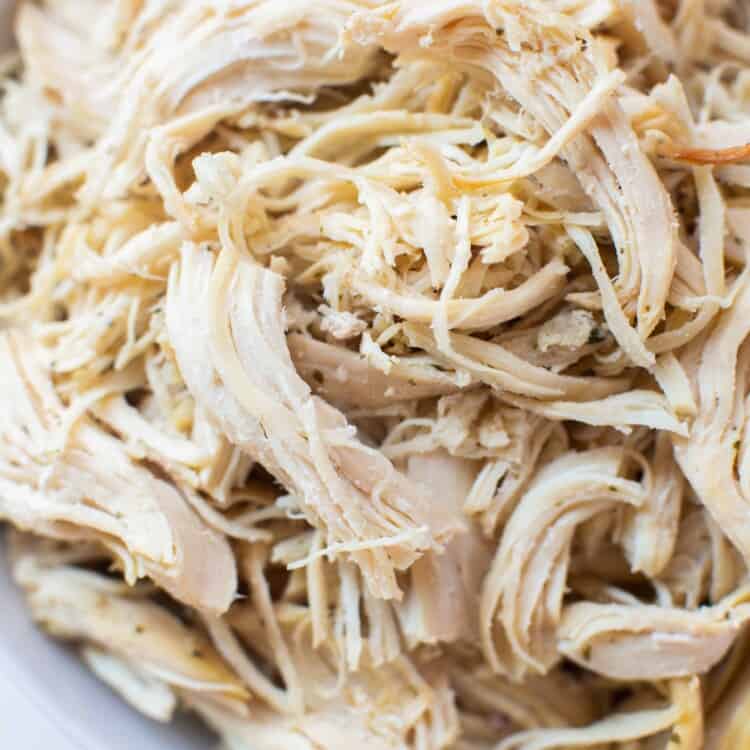 Zoomed in view of shredded chicken in bowl.