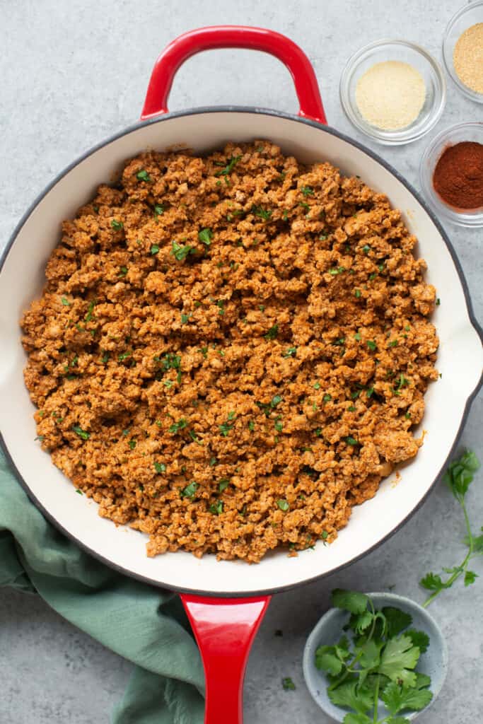 Healthy ground turkey taco meat recipe in a skillet. 