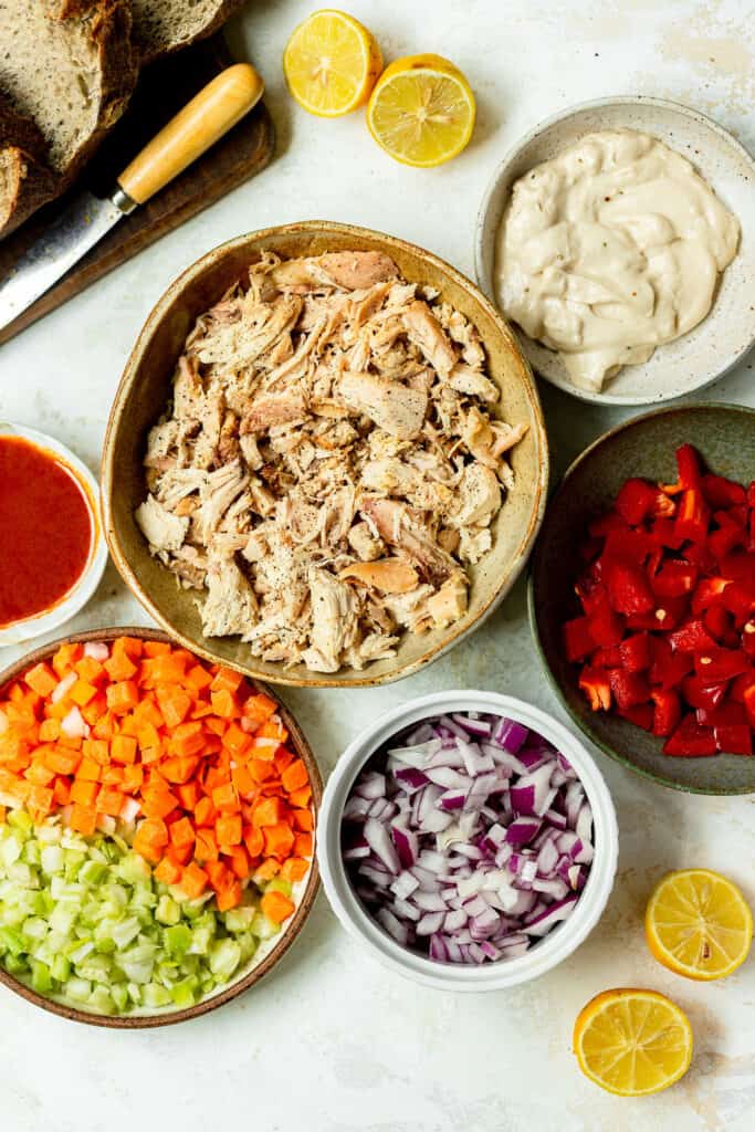 ingredients for buffalo chicken salad chopped up.