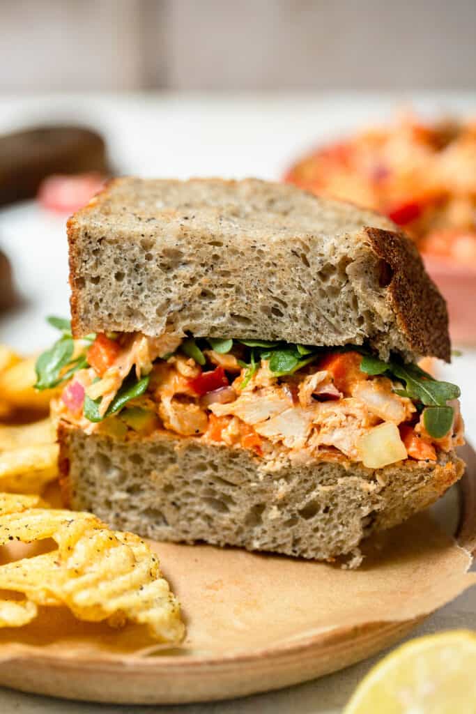 buffalo chicken salad sandwich with frank's red hot and chips.