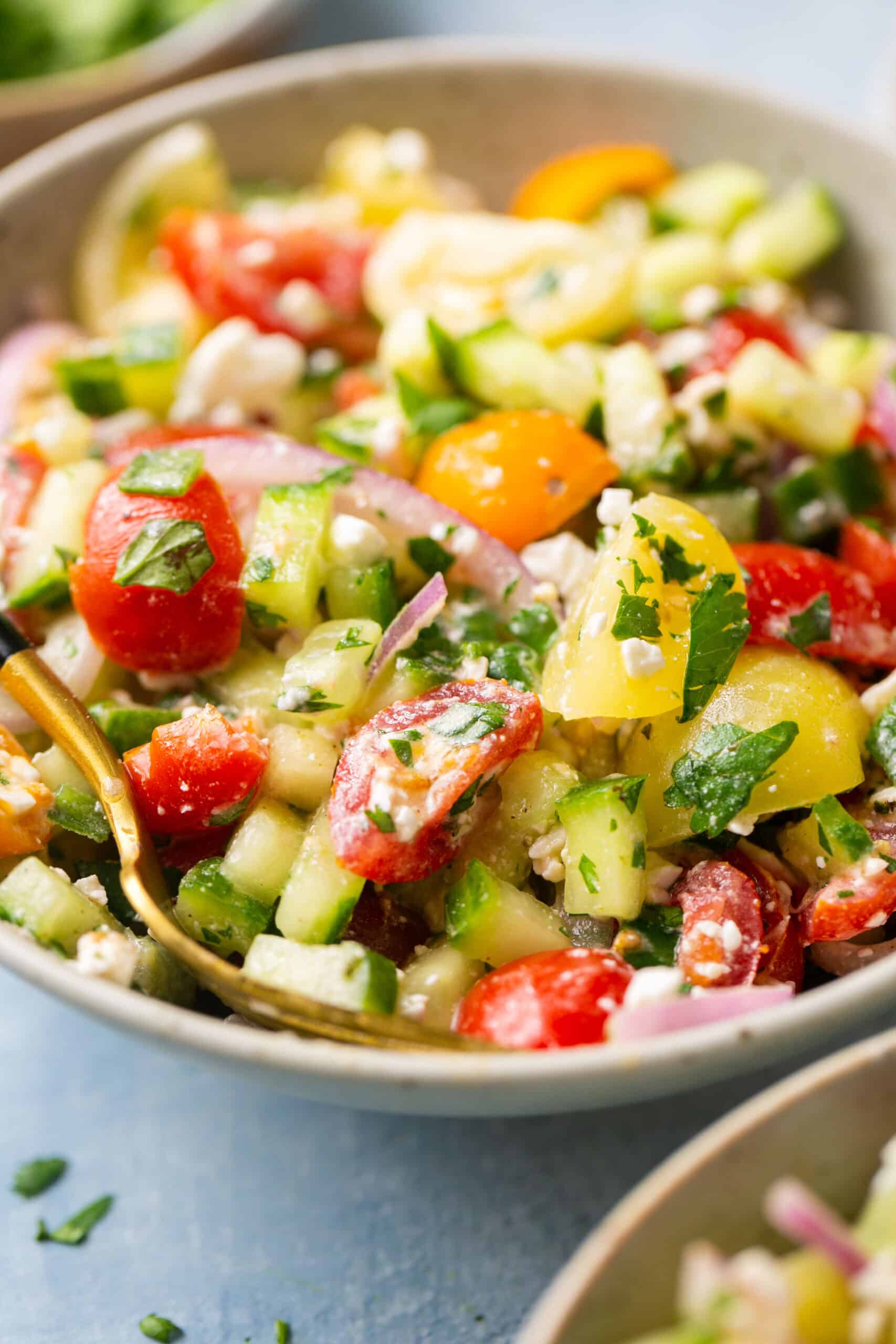 Tomato cucumber salad in bowls.