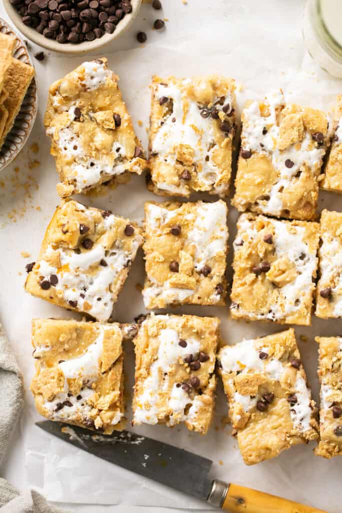 S'mores blondie bars on parchment paper.