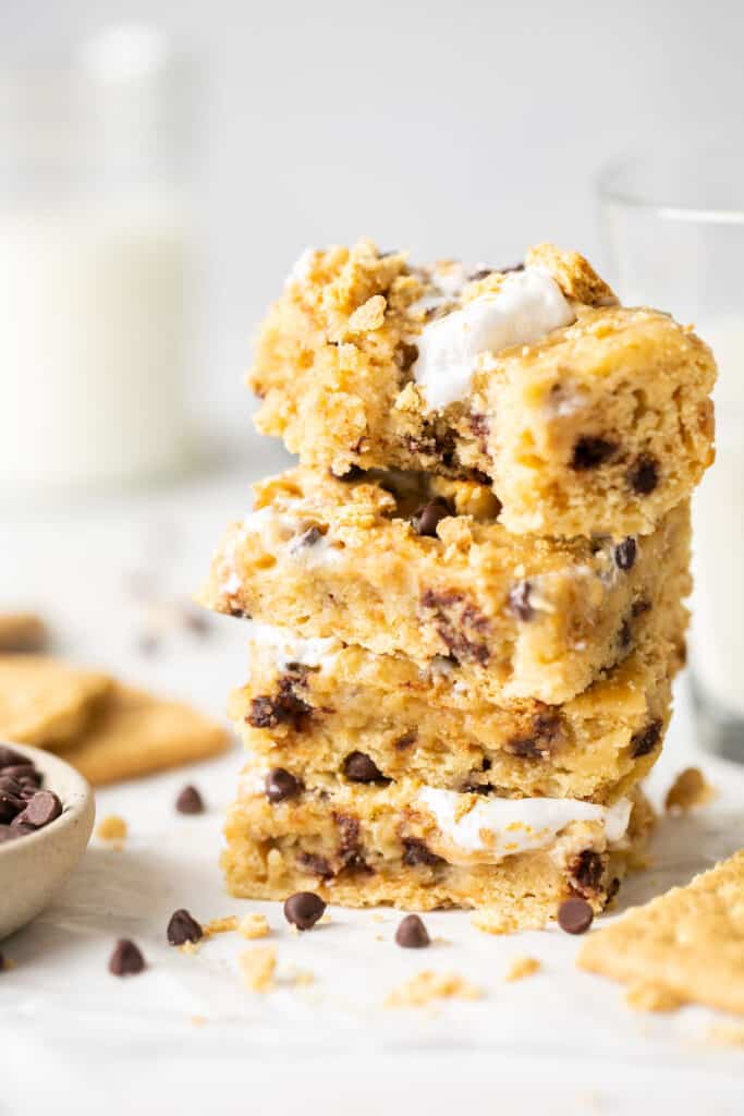 S'mores blondie bars stacked on top of each other.