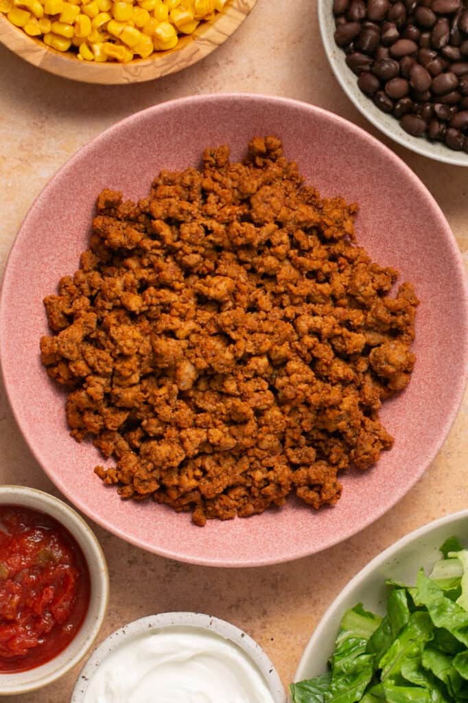 Cooked ground turkey taco meat. 