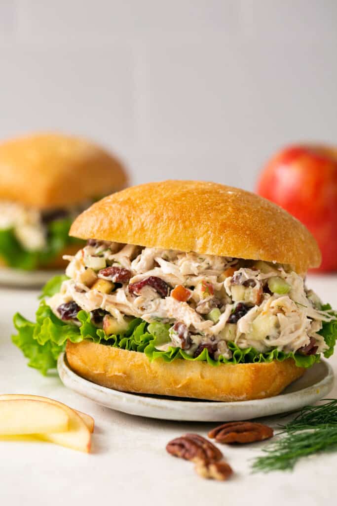 Apple pecan chicken salad on a bun with lettuce on a plate.