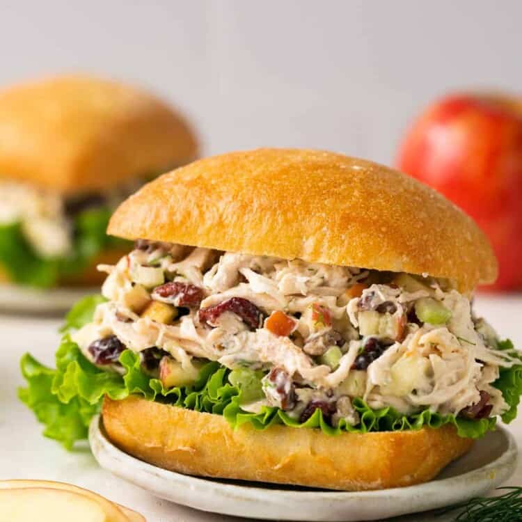 Apple pecan chicken salad on a bun with lettuce on a plate.