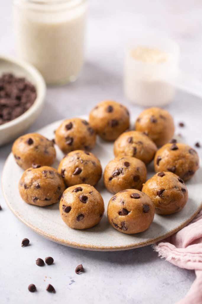 Chocolate chip cookie dough protein bites on a plate