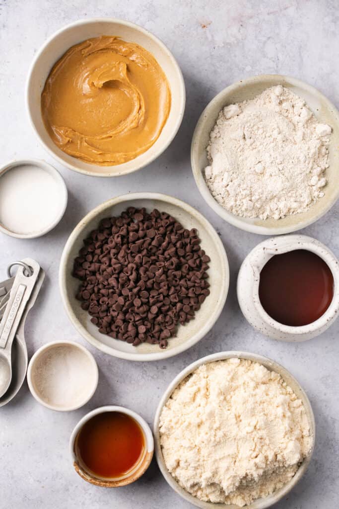 Ingredients for chocolate chip cookie dough protein bites