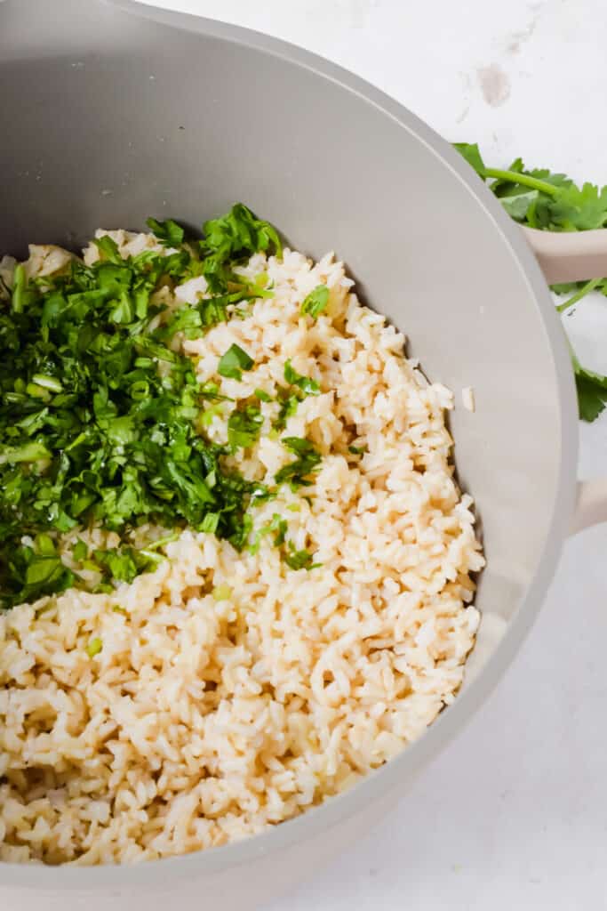 Brown rice topped with cilantro in a bowl.