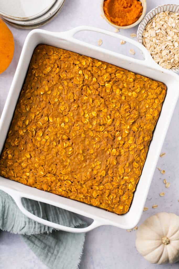 Healthy Pumpkin Oatmeal Bake in a baking dish (without glaze).