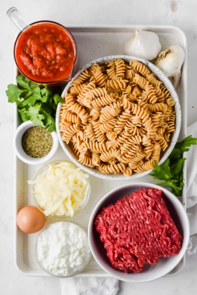 Ingredients for rotini pasta bake