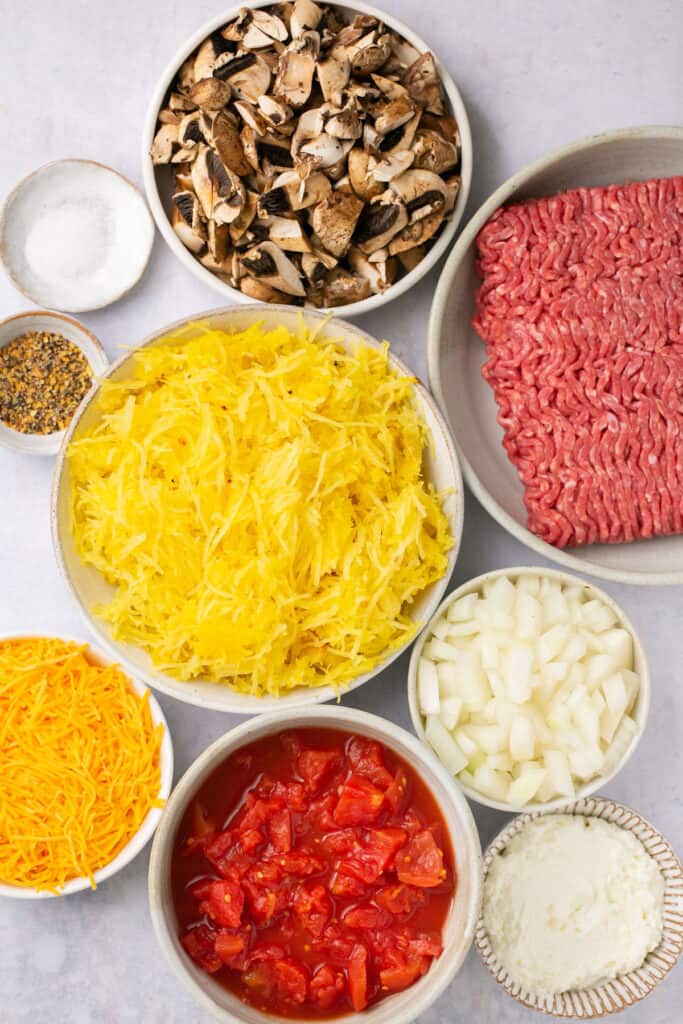 Ingredients for cheeseburger spaghetti squash casserole
