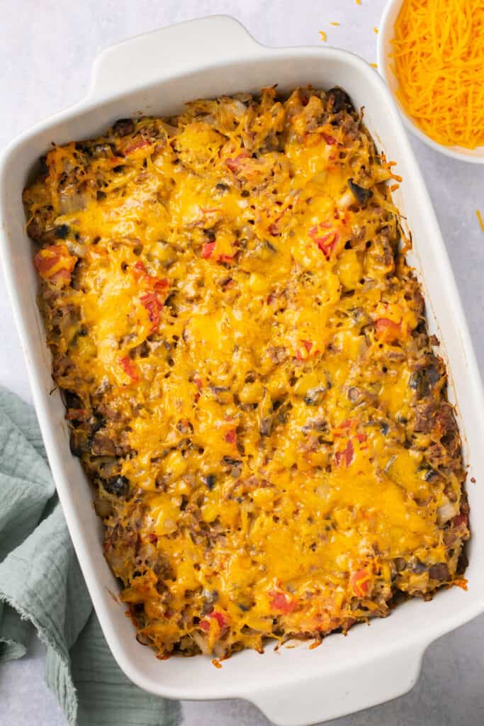 Cheeseburger spaghetti squash casserole in a baking dish after being baked