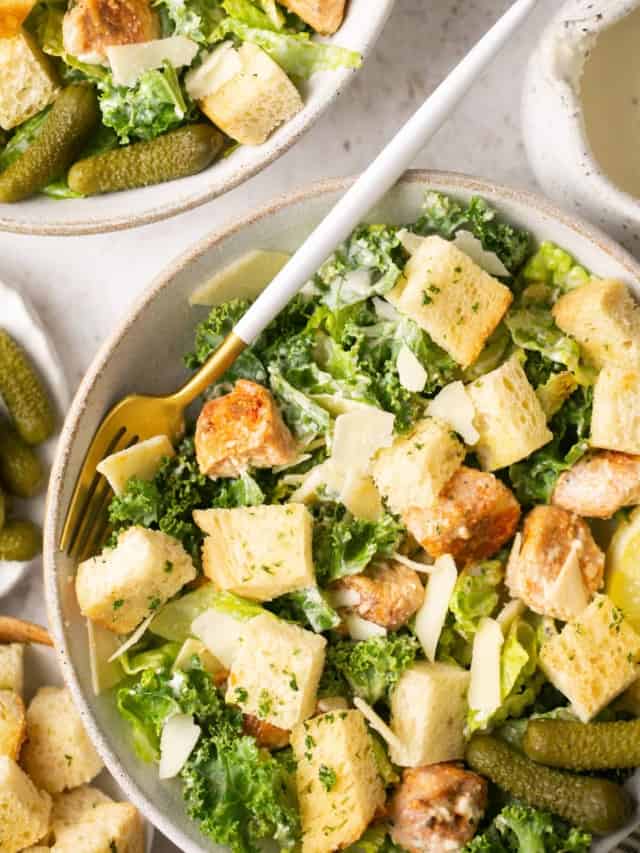 BEST Healthy Chicken Caesar Salad with Lightened up Caesar Dressing