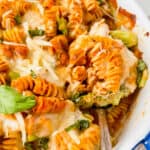 Italian Chicken and Broccoli Pasta Bake on a plate with a fork.