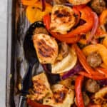 Close up view of Honey Dijon Chicken Sausage and Pierogi Sheet Pan.