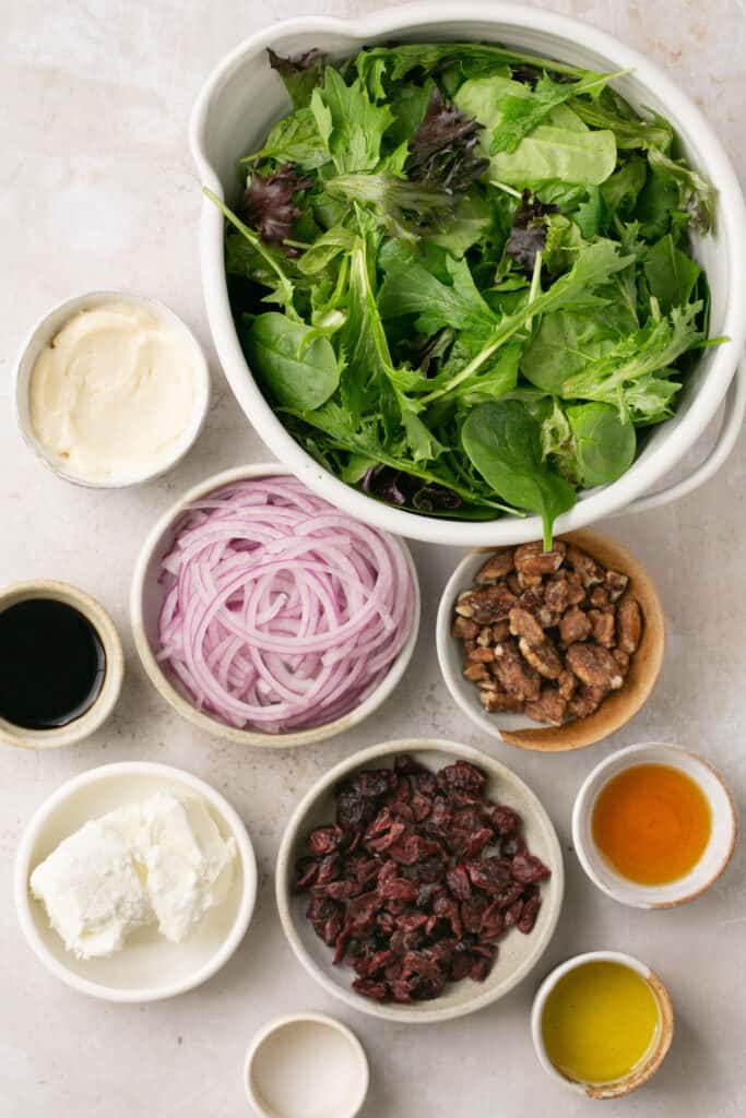 Ingredients for simple salad with creamy balsamic dressing.