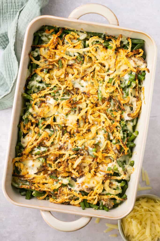 Healthy green bean casserole without mushroom soup in a casserole dish