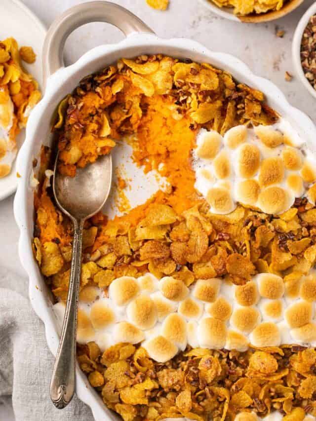 Healthy Sweet Potato Casserole with Pecans and Marshmallows