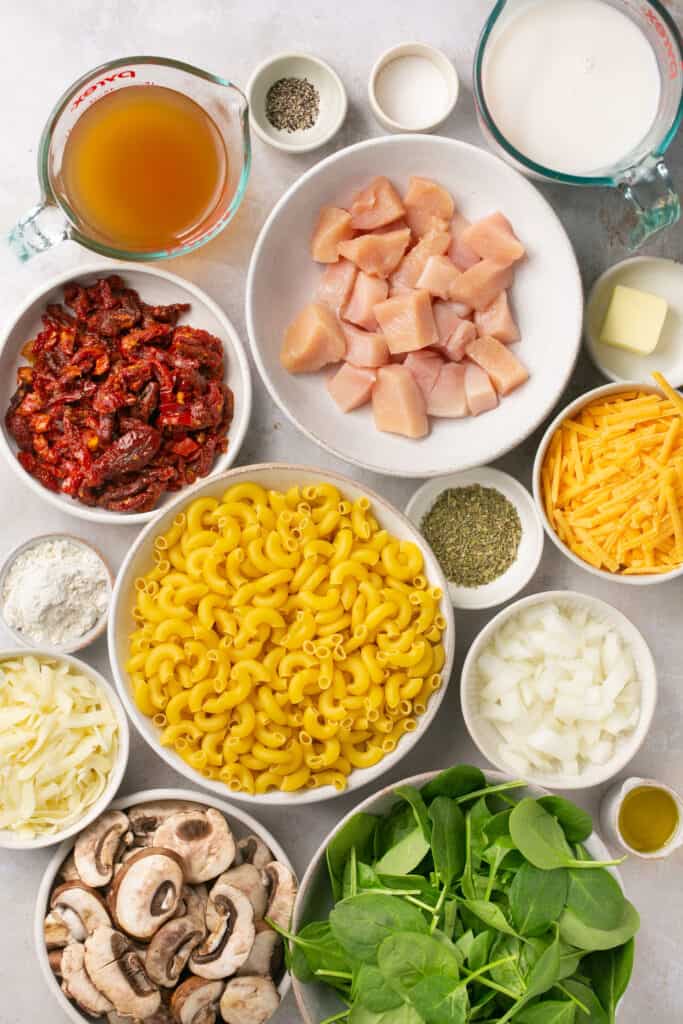 Ingredients for Tuscan chicken mac and cheese