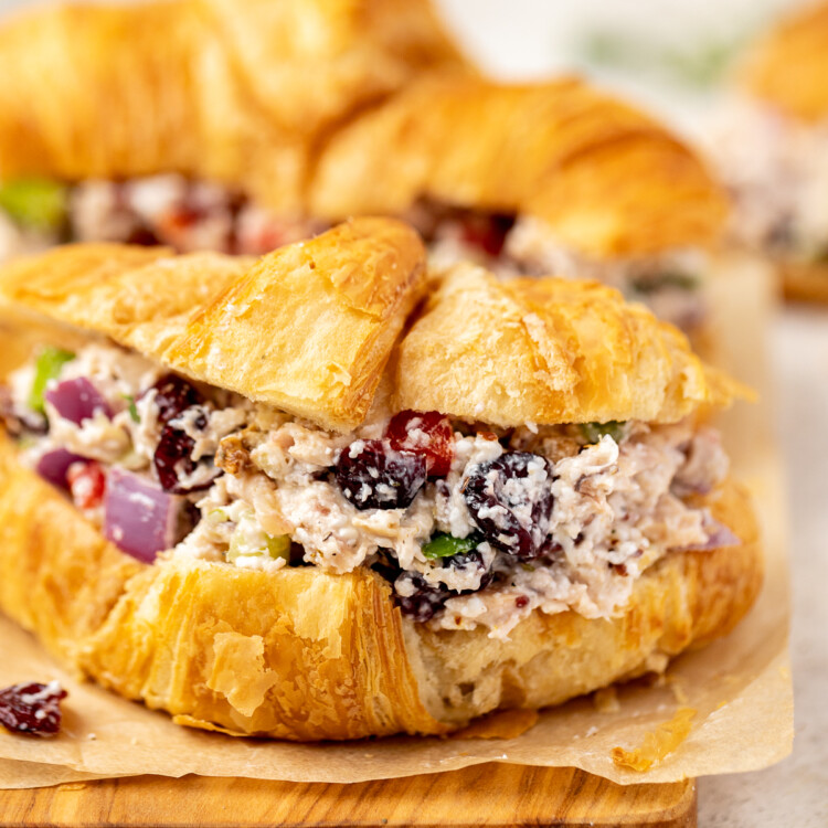 Winter cranberry and pecan chicken salad (no mayo) on croissant.