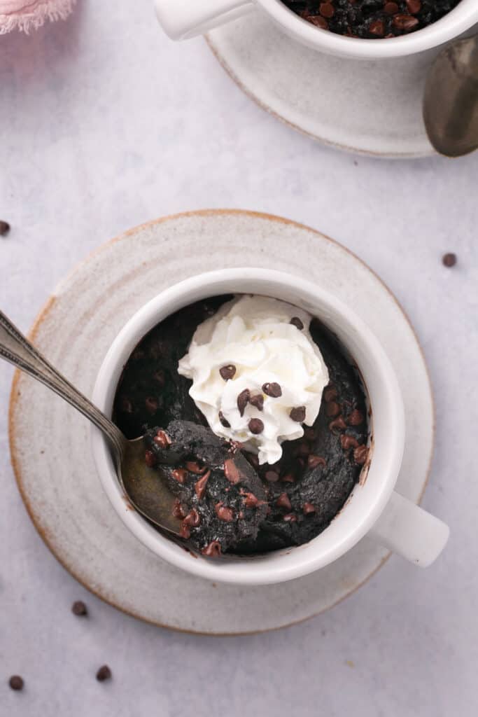 Chocolate mug cake topped with whipped cream and mini chocolate chips in a mug with a spoon.