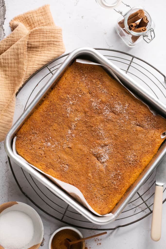 Cinnamon sugar protein cake bars in a baking pan.