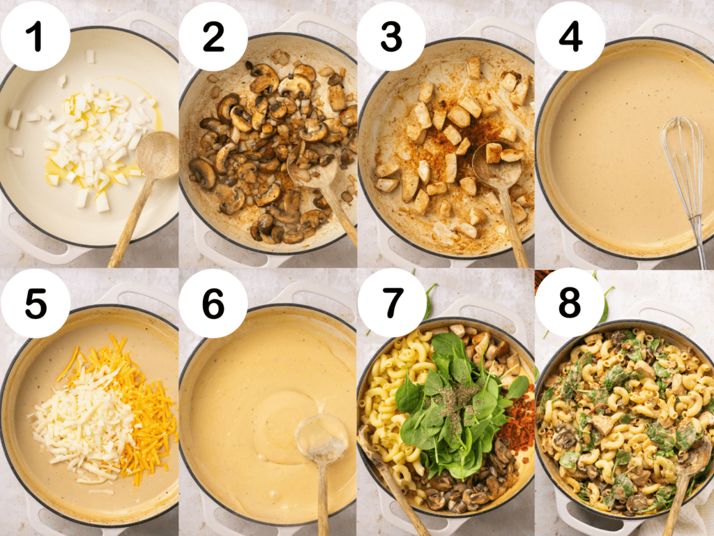 How to make Tuscan chicken mac and cheese (process steps)