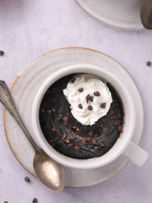 Chocolate protein lava cake in a mug topped with whipped cream and chocolate chips.