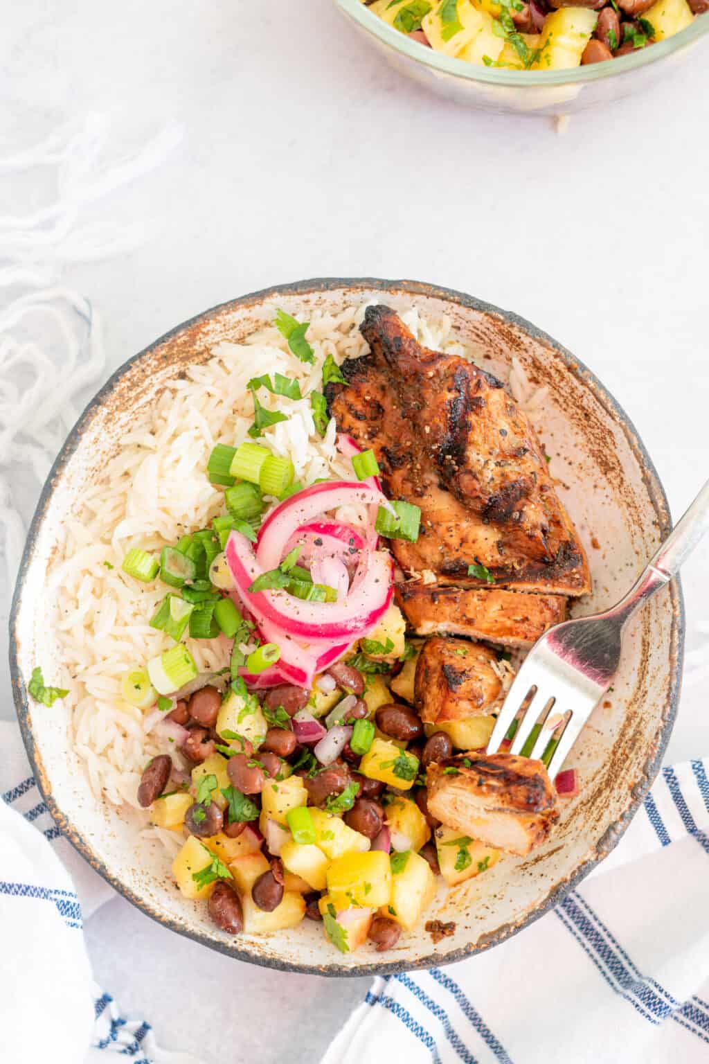 Jerk Chicken Bowls with Pineapple Black Bean Salsa