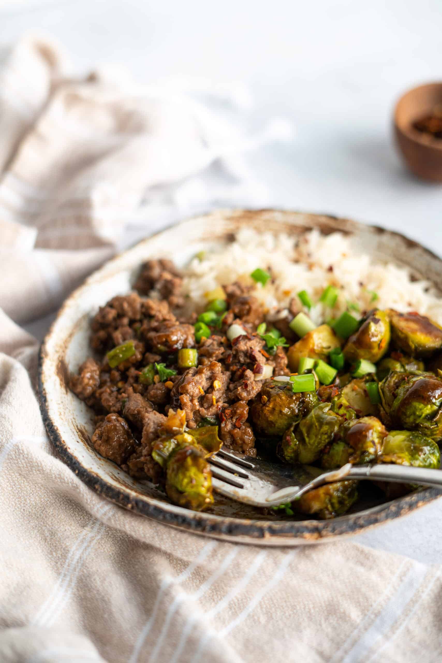 Kung Pao Ground Beef and Brussels Sprouts Lauren Fit Foodie