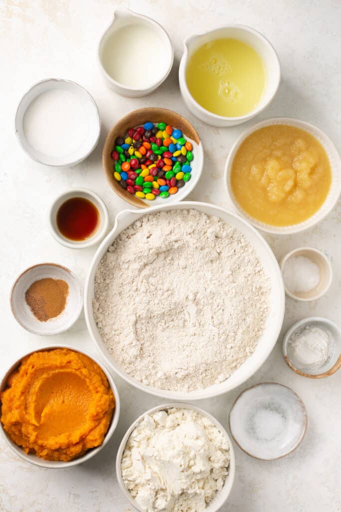 Ingredients for Soft Baked M&M Pumpkin Protein Oat Bars.