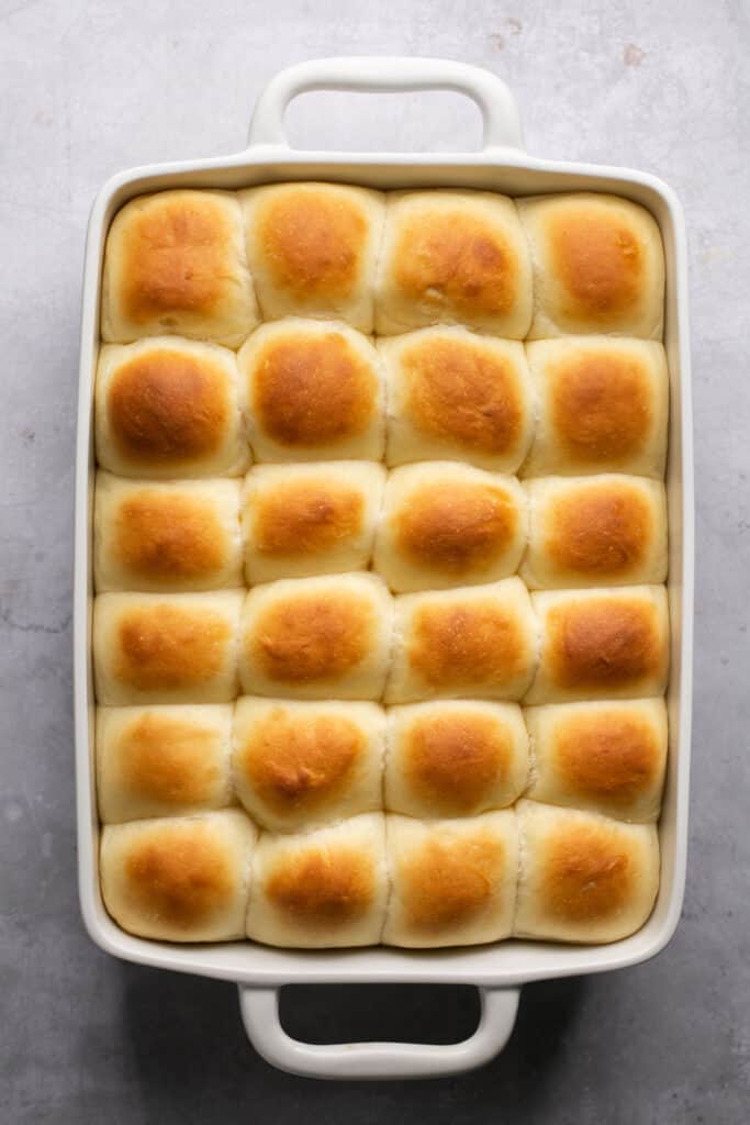 Honey butter yeast rolls in a baking dish after being baked.