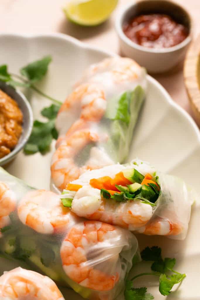 Zoomed in view of Vietnamese Summer Rice Paper Rolls with Peanut Dipping Sauce on a large plate