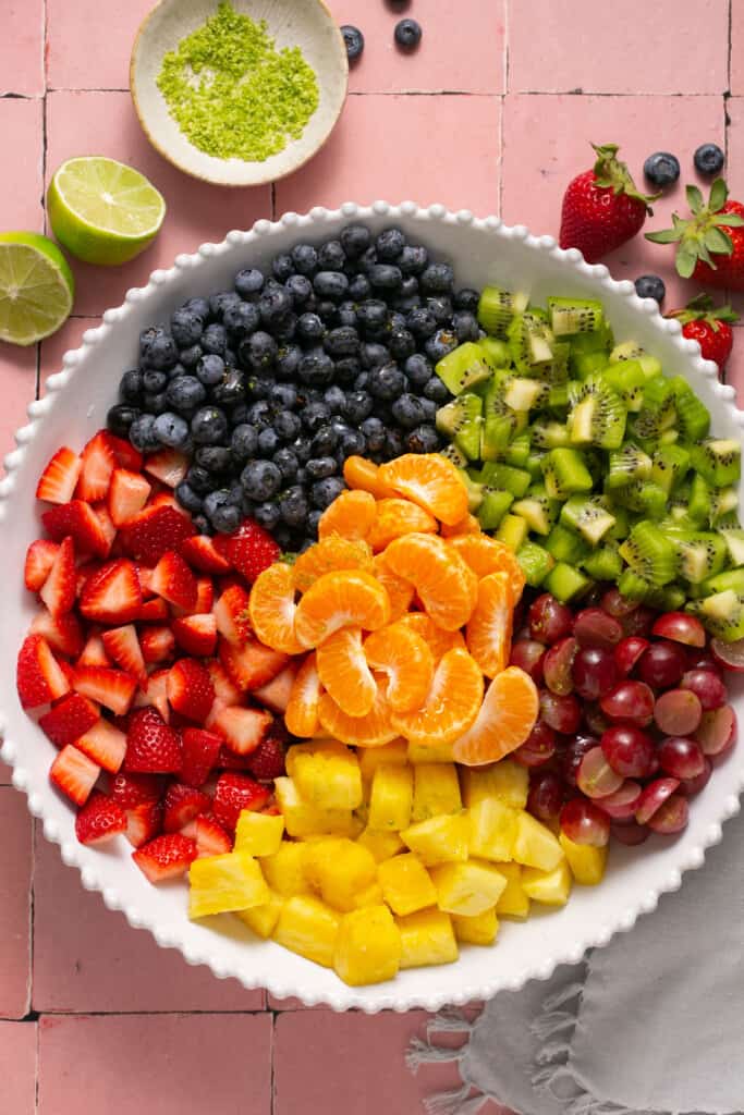 How to make rainbow fruit salad with honey lime dressing (process steps)