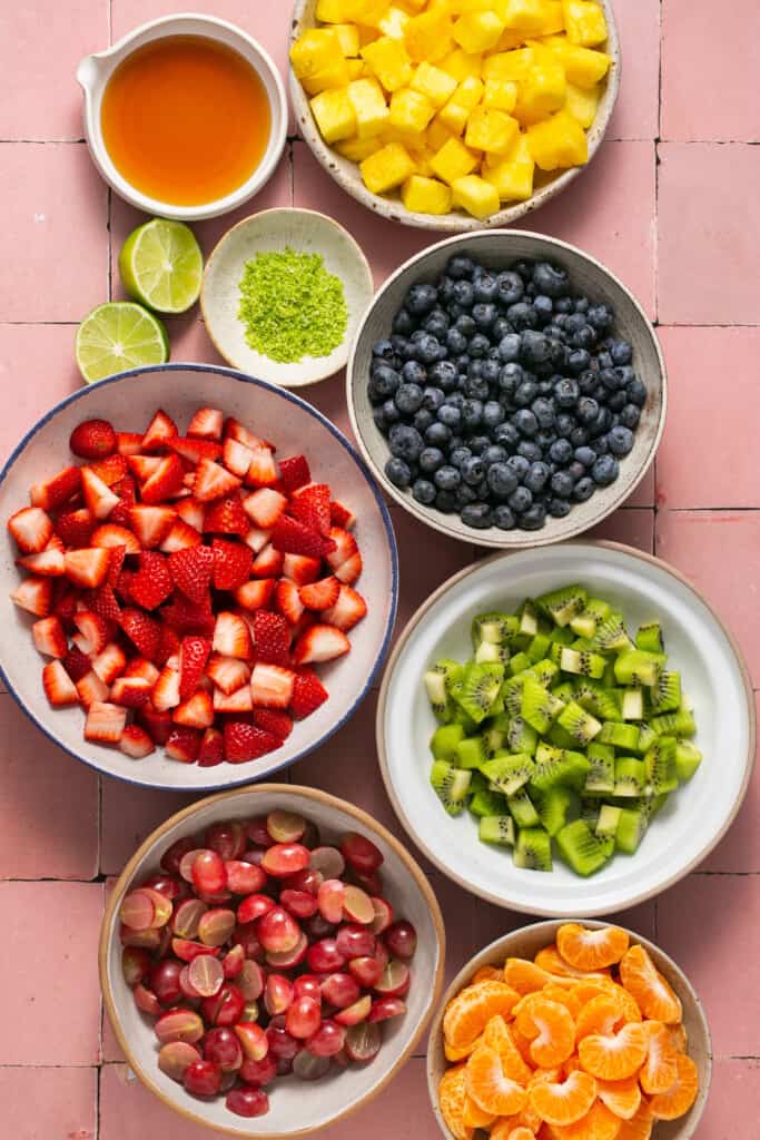 Rainbow fruit salad and honeyed yoghurt